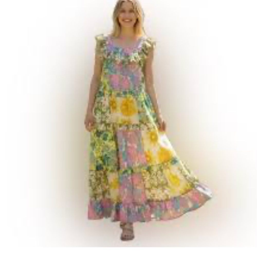 New Dalia Macphee Floral Patchwork Maxi Dress size S color Lime Multi - Picture 14 of 16